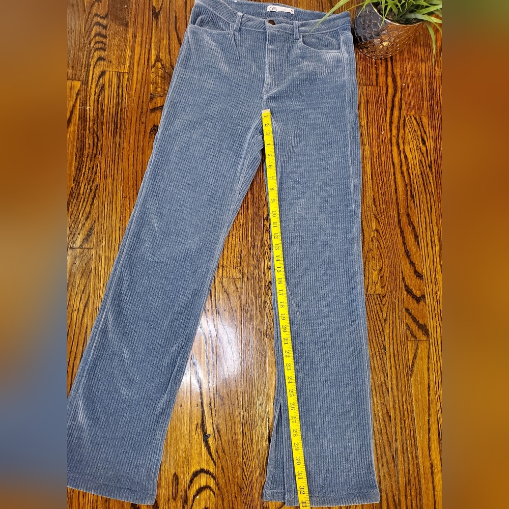 Zara Women's Slim Flare Corduroy Pants Dusty Blue High Rise Classic Preppy Sz 8 - Picture 6 of 10